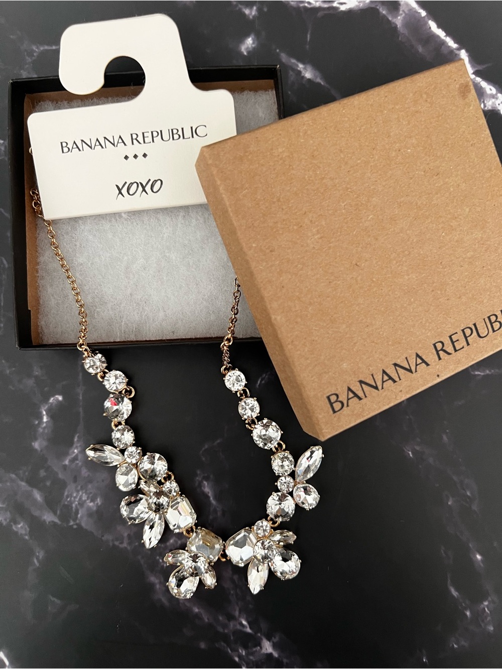 NWT. In box. Banana Republic Rose Gold Clear Crystal Floral Statement Necklace